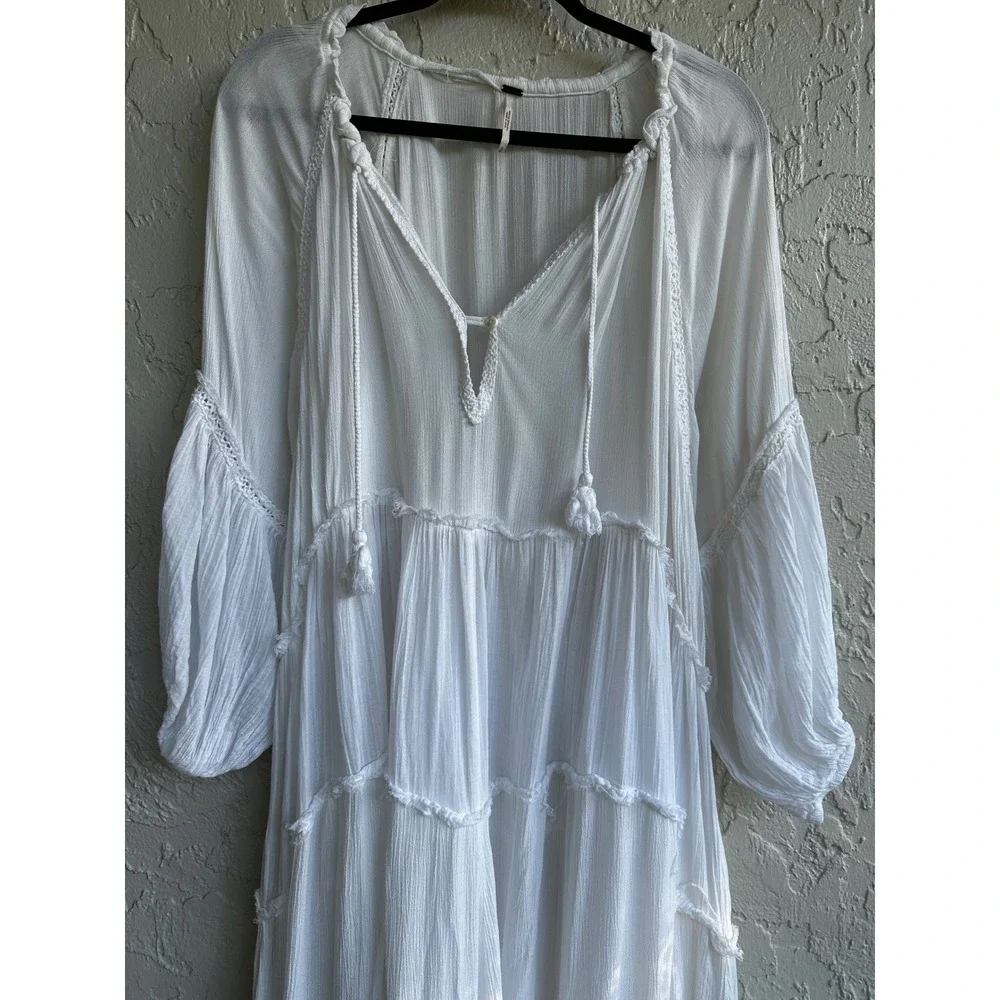 Free People White Tiered Midi Peasant Dress Boho Cottage Prairie Tassels Small